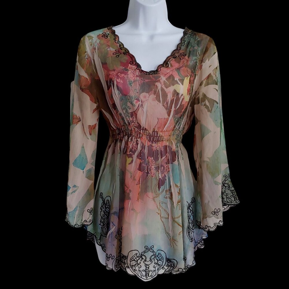 Sienna Rose Sheer Y2k Bell Sleeves Forrest Fairy Whimsical Boho Flowy Top Floral